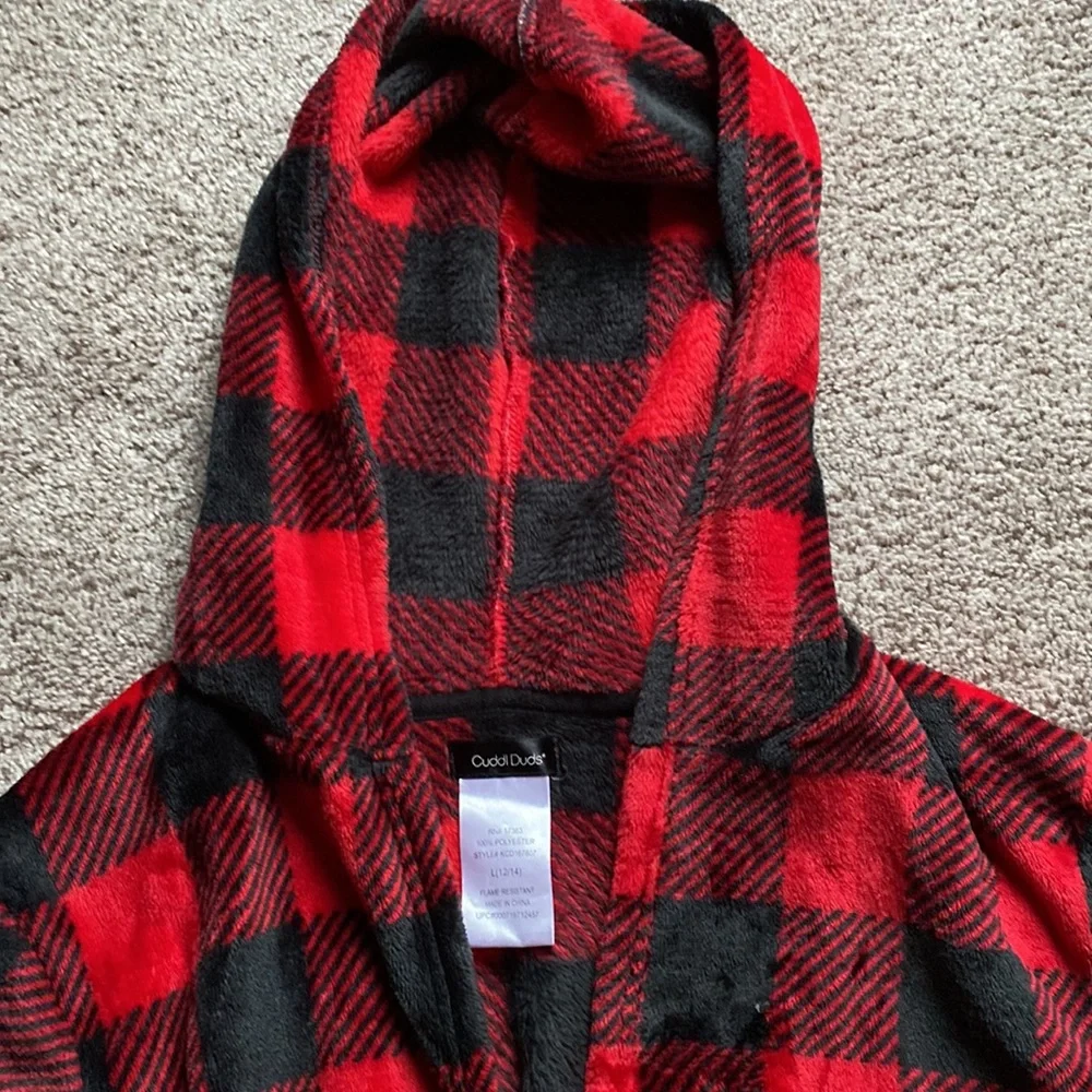 Cuddl Duds Kids red & black Buffalo Plaid hooded fleece robe size L 12/14 large